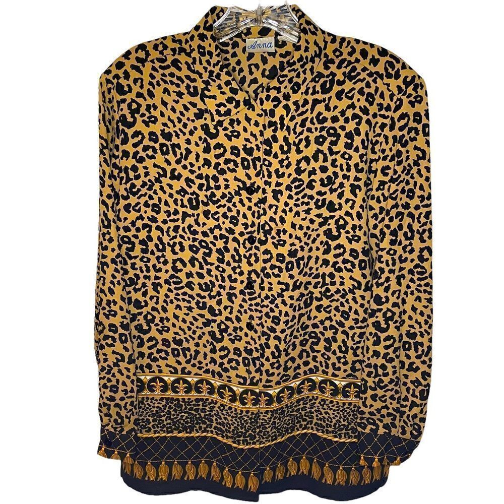 ANNA and Frank Blouse Leopard Print 80’s Vintage Button Down Womens S